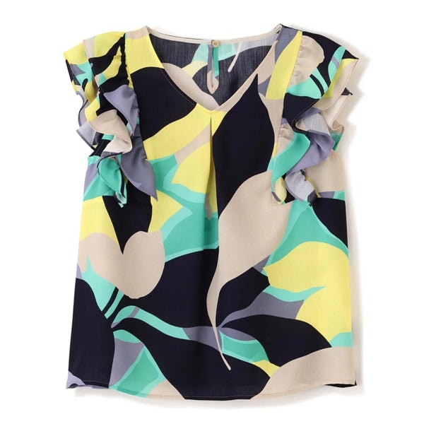 シェードリーフプリントVネックブラウス
